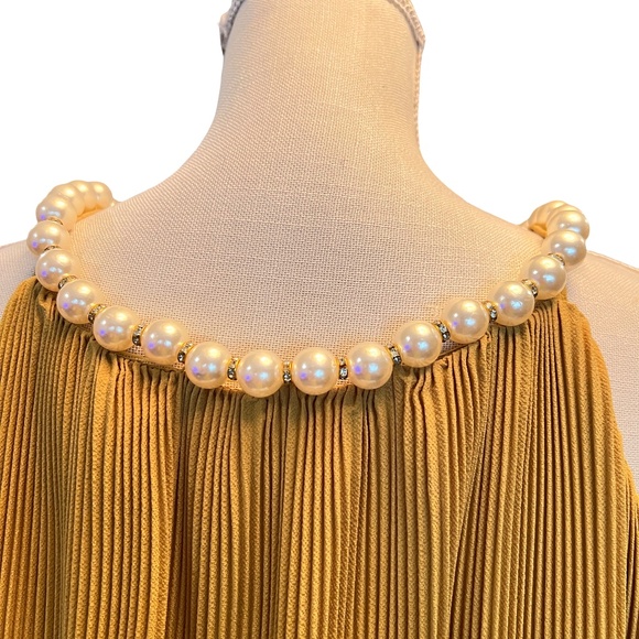 #A072. Why Dress  Mustard Pleated Blouse ,Rhinestone ,Pearl Neckline,NWT L - Picture 4 of 8